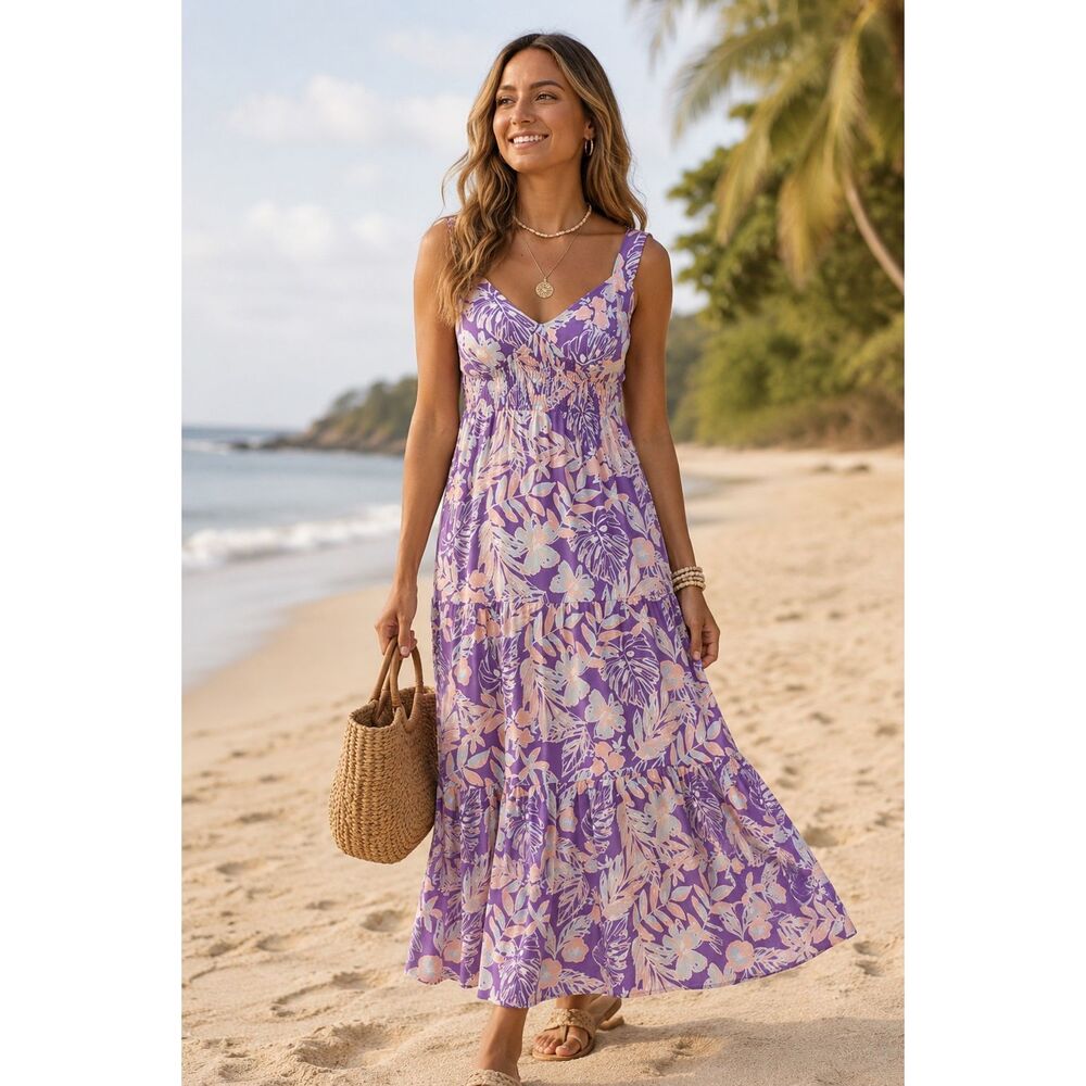 Rip Curl Palm Party Maxi Dress L Boho beach resort vacation festival